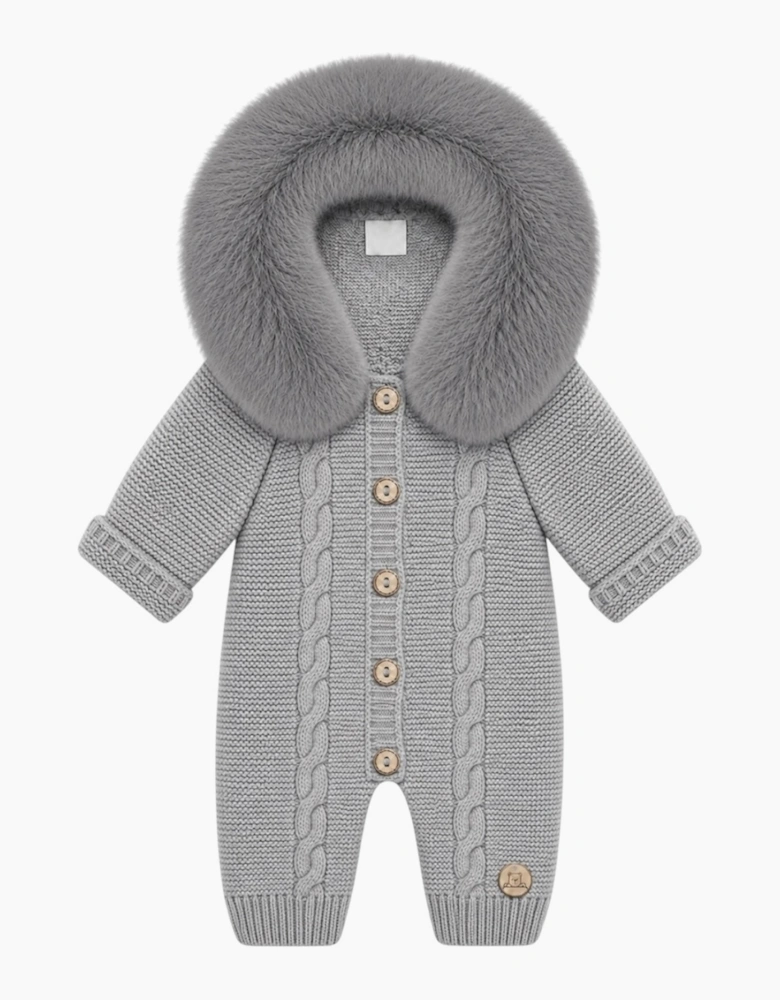 Grey Cable Knit Faux Fur Trim Pramsuit