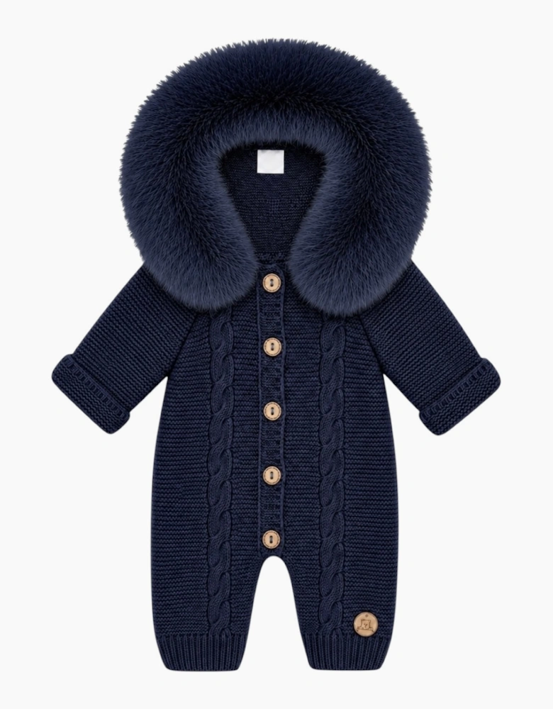 Navy Cable Knit Real Fur Trim Pramsuit