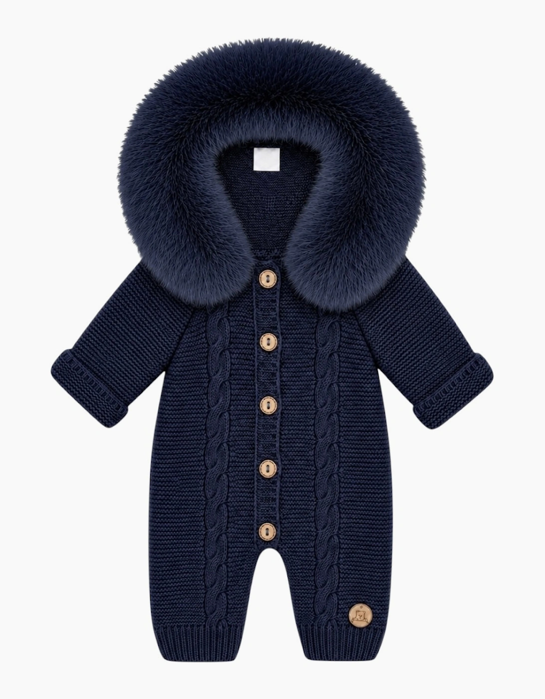 Navy Cable Knit Real Fur Trim Pramsuit