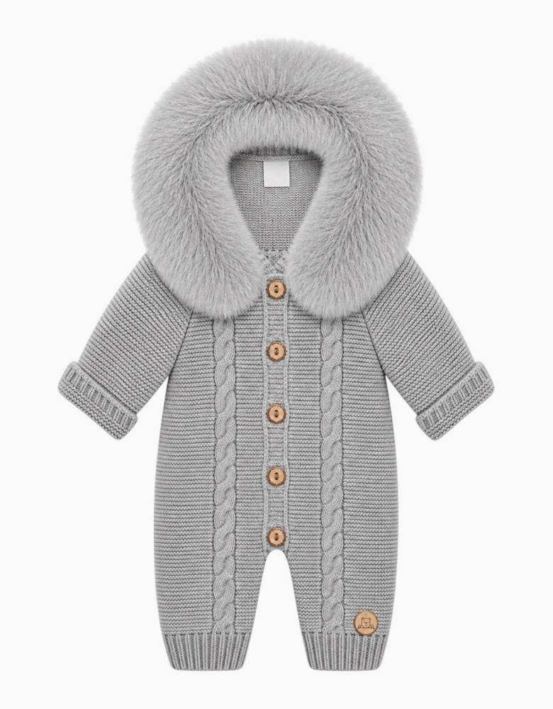 Grey Cable Knit Real Fur Trim Pramsuit
