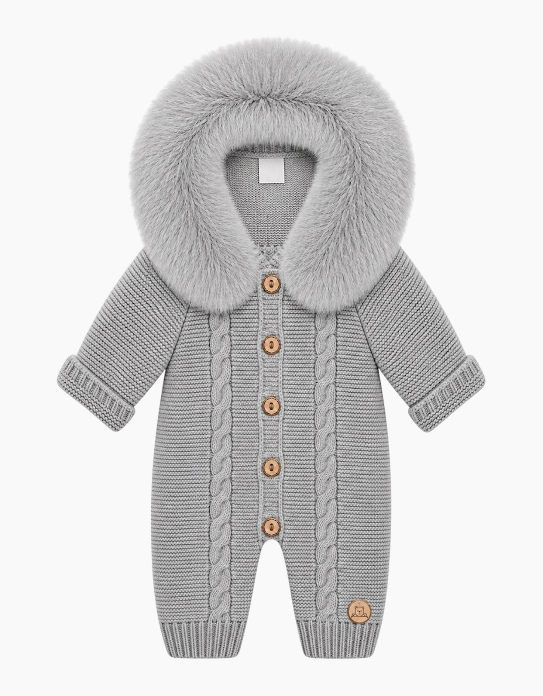 Grey Cable Knit Real Fur Trim Pramsuit