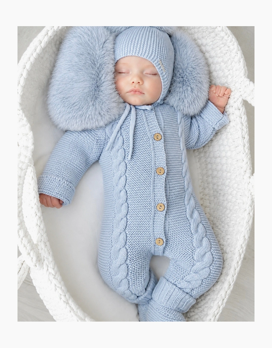 Powder Blue Cable Knit Real Fur Trim Pramsuit