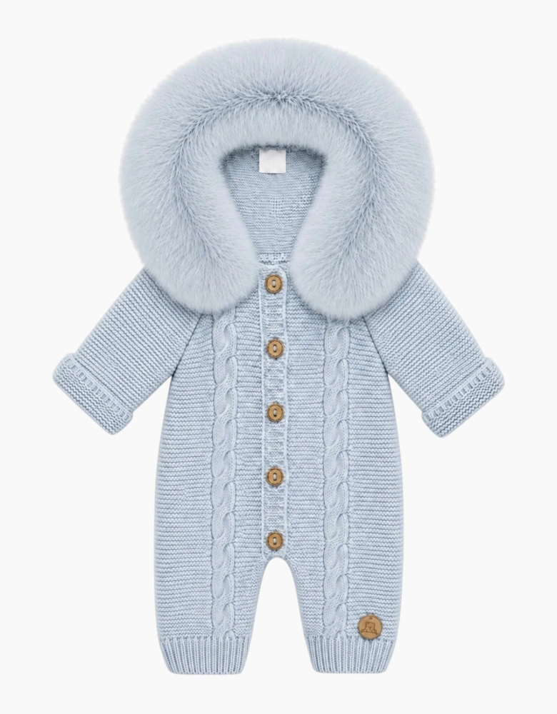 Powder Blue Cable Knit Real Fur Trim Pramsuit