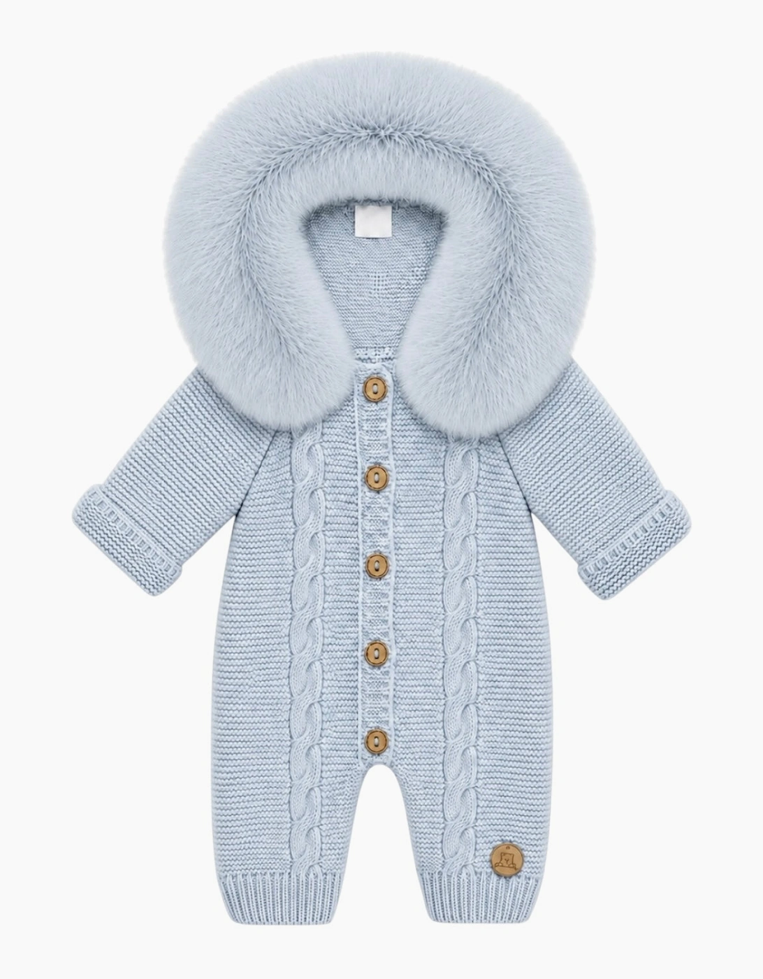 Powder Blue Cable Knit Real Fur Trim Pramsuit