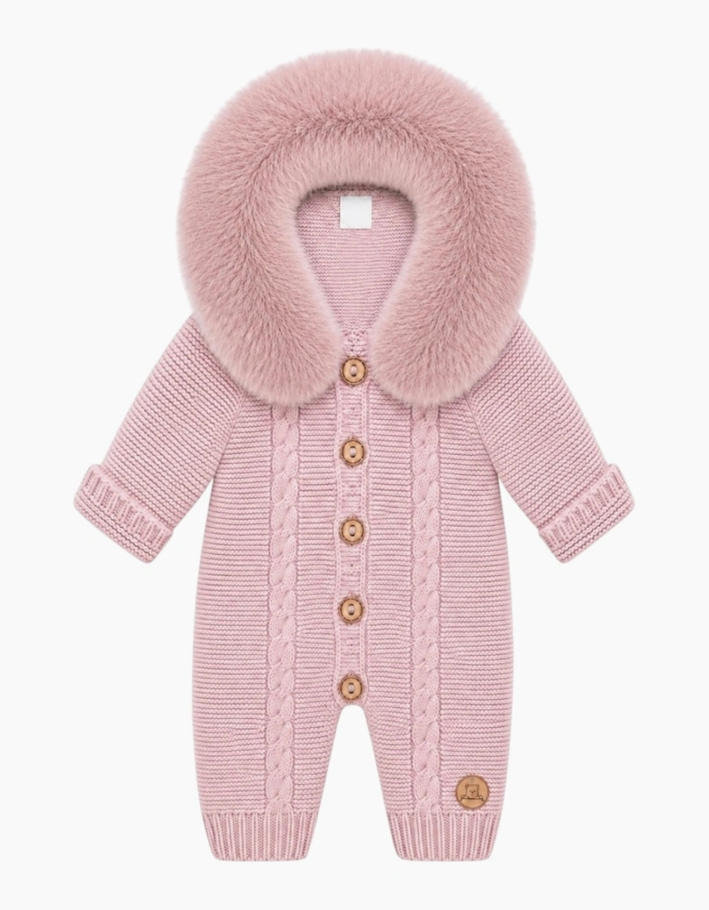 Powder Pink Cable Knit Faux Fur Trim Pramsuit