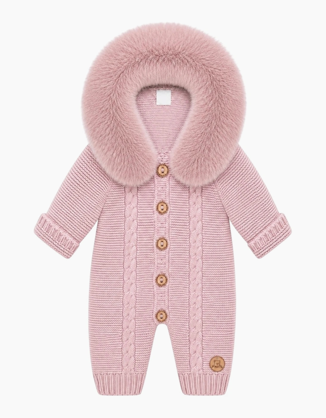 Powder Pink Cable Knit Faux Fur Trim Pramsuit