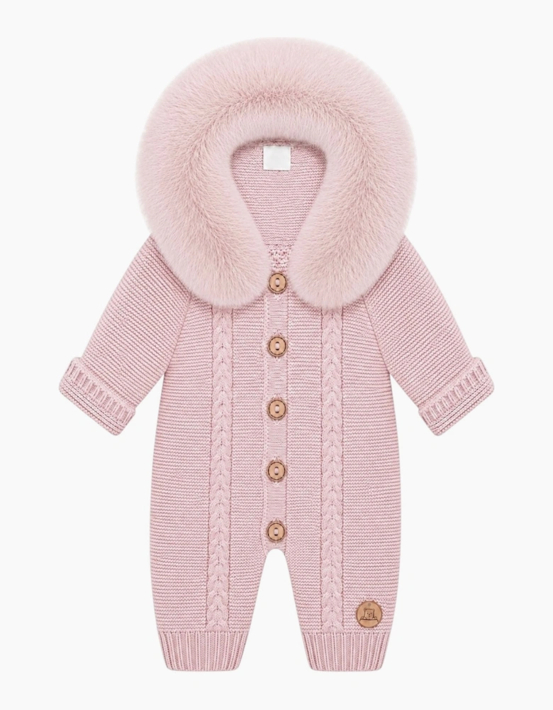 Powder Pink Cable Knit Real Fur Trim Pramsuit