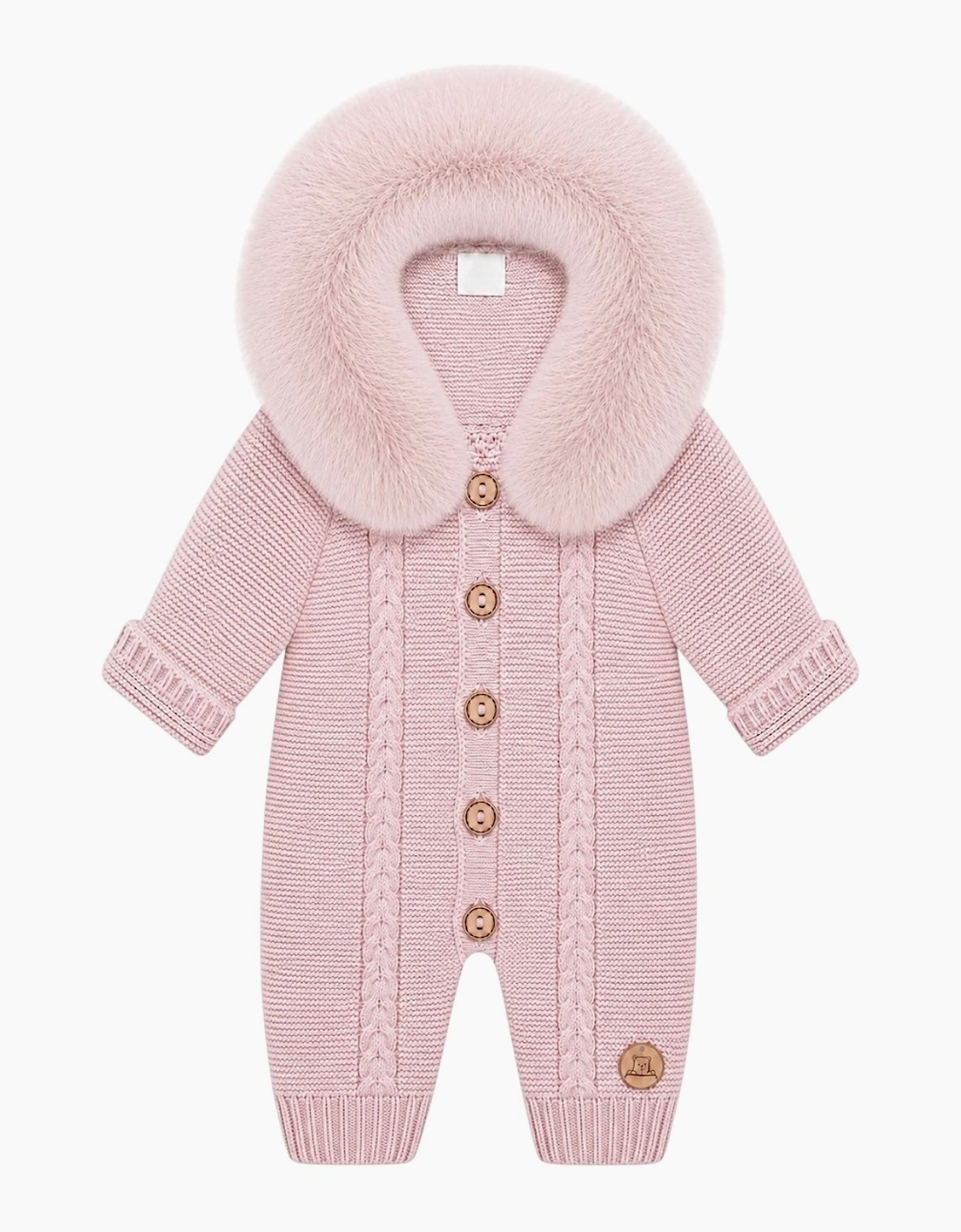 Powder Pink Cable Knit Real Fur Trim Pramsuit