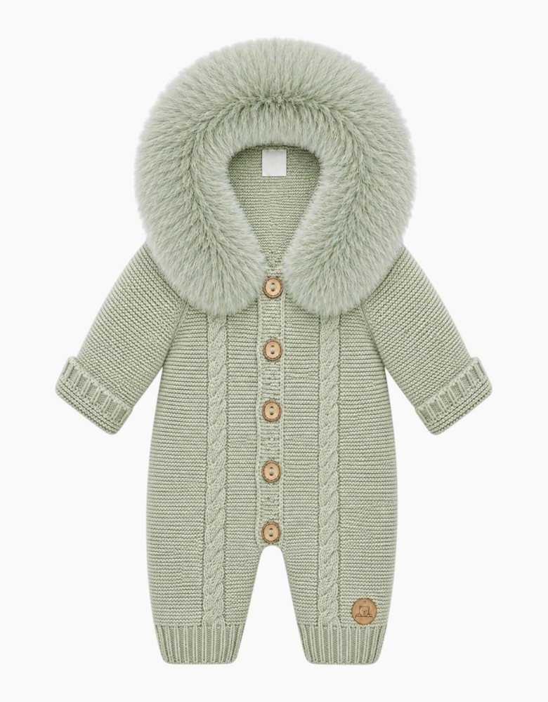 Soft Green Cable Knit Real Fur Trim Pramsuit