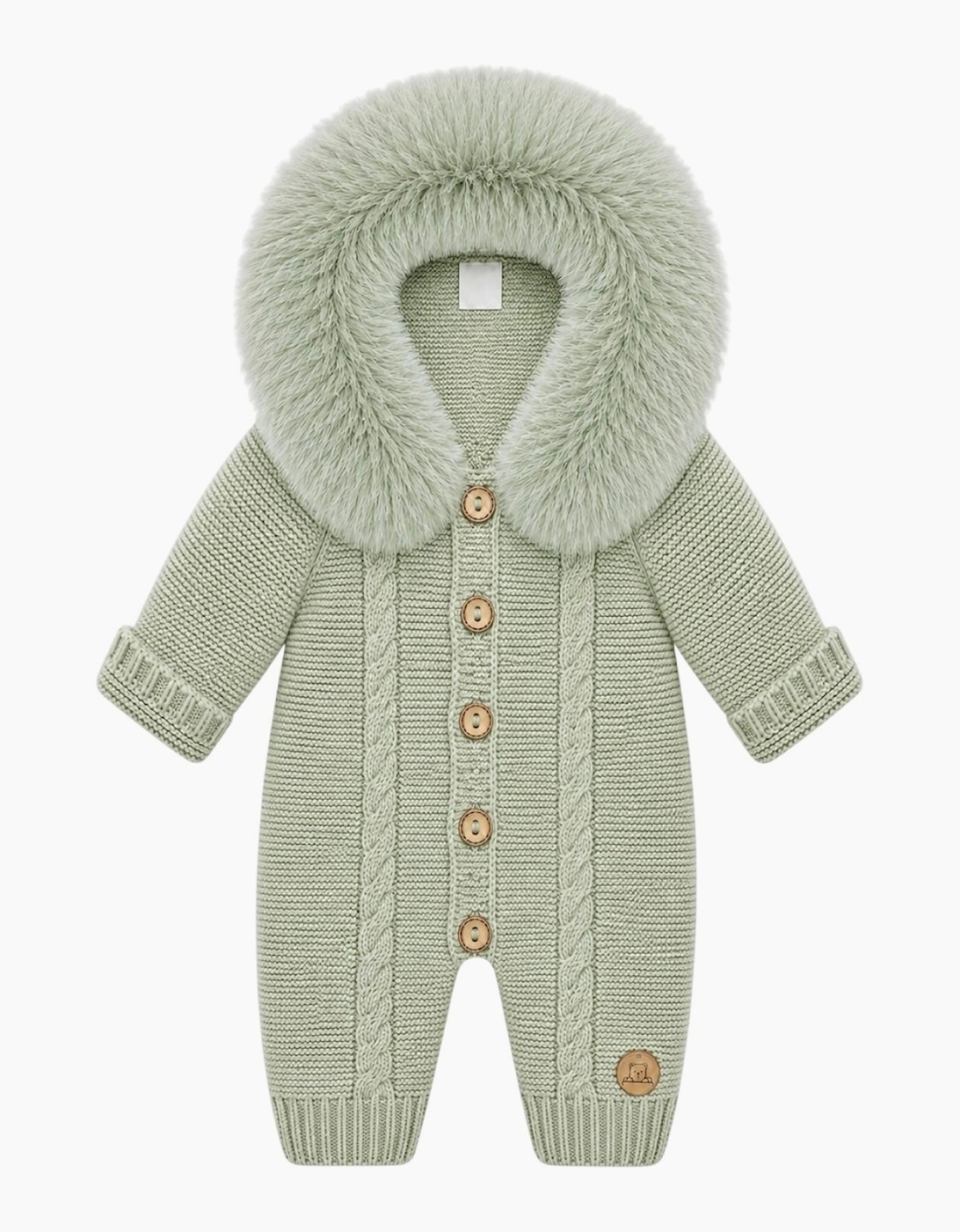 Soft Green Cable Knit Real Fur Trim Pramsuit