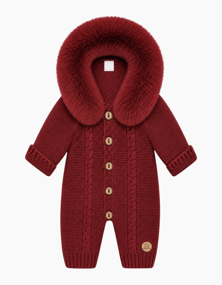 Dark Red Cable Knit Real Fur Trim Pramsuit