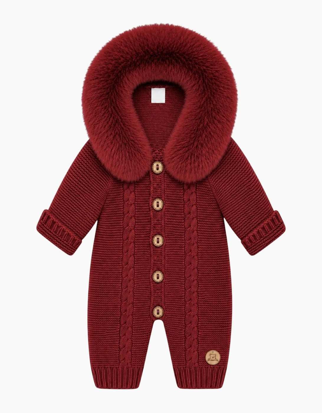 Dark Red Cable Knit Real Fur Trim Pramsuit