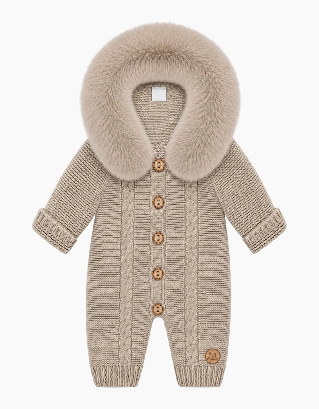 Deep Sand Cable Knit Faux Fur Trim Pramsuit