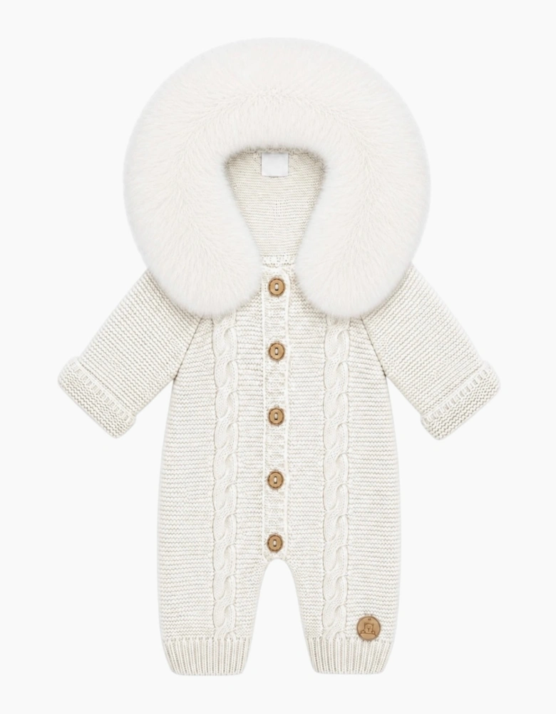 Ivory Cable Knit Faux Fur Trim Pramsuit