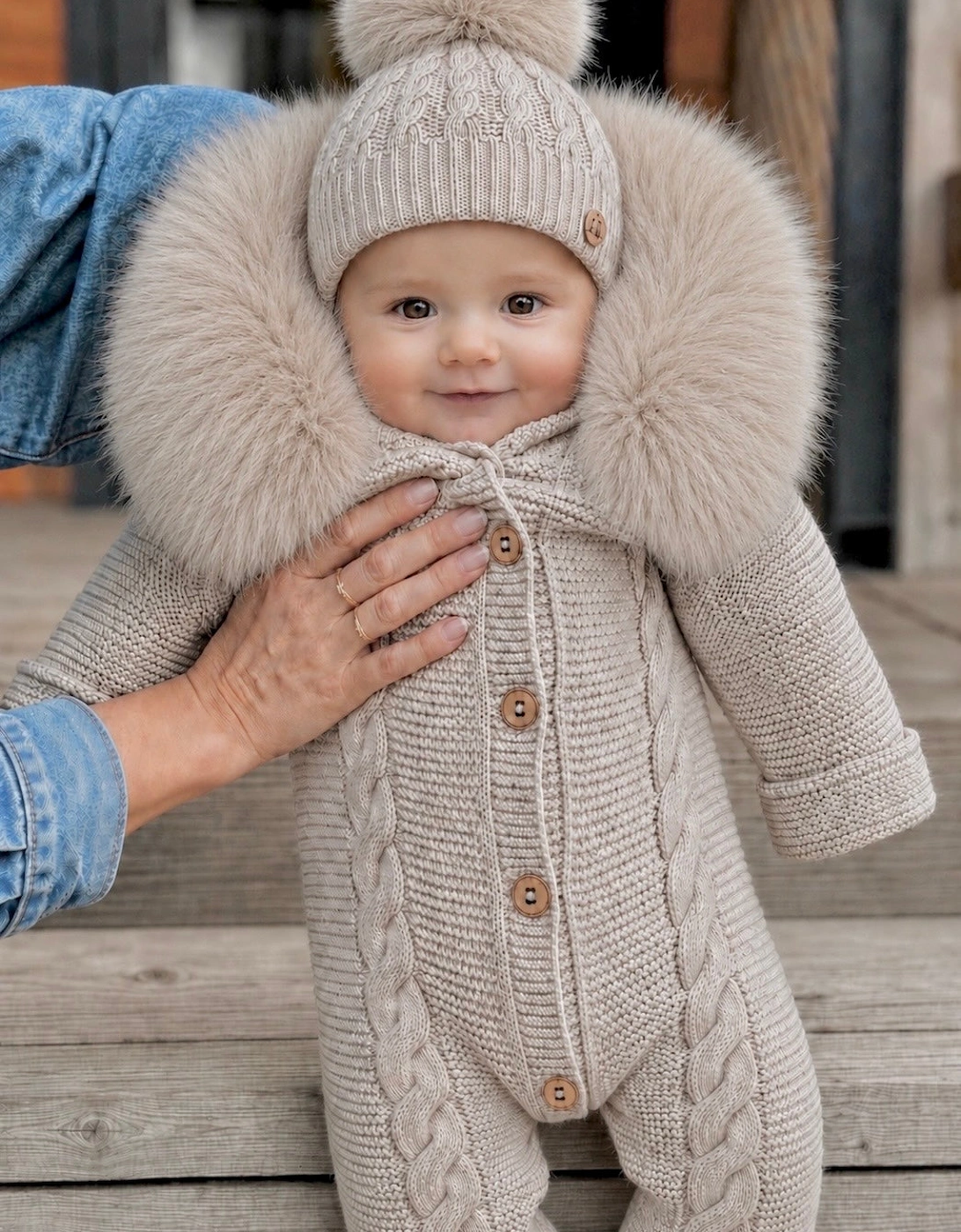 Light Camel Cable Knit Real Fur Trim Pramsuit