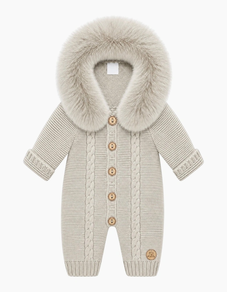 Light Camel Cable Knit Real Fur Trim Pramsuit