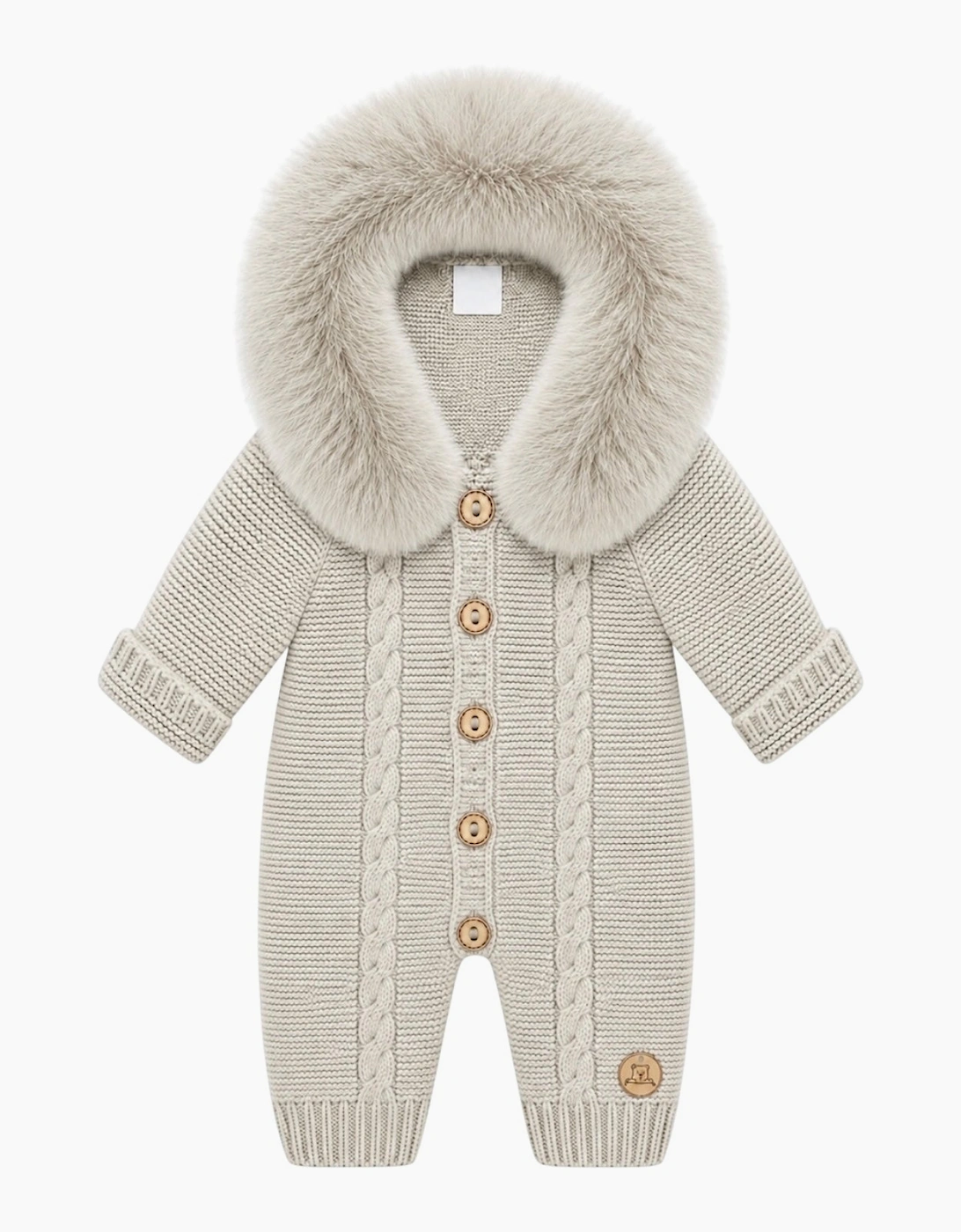 Light Camel Cable Knit Real Fur Trim Pramsuit