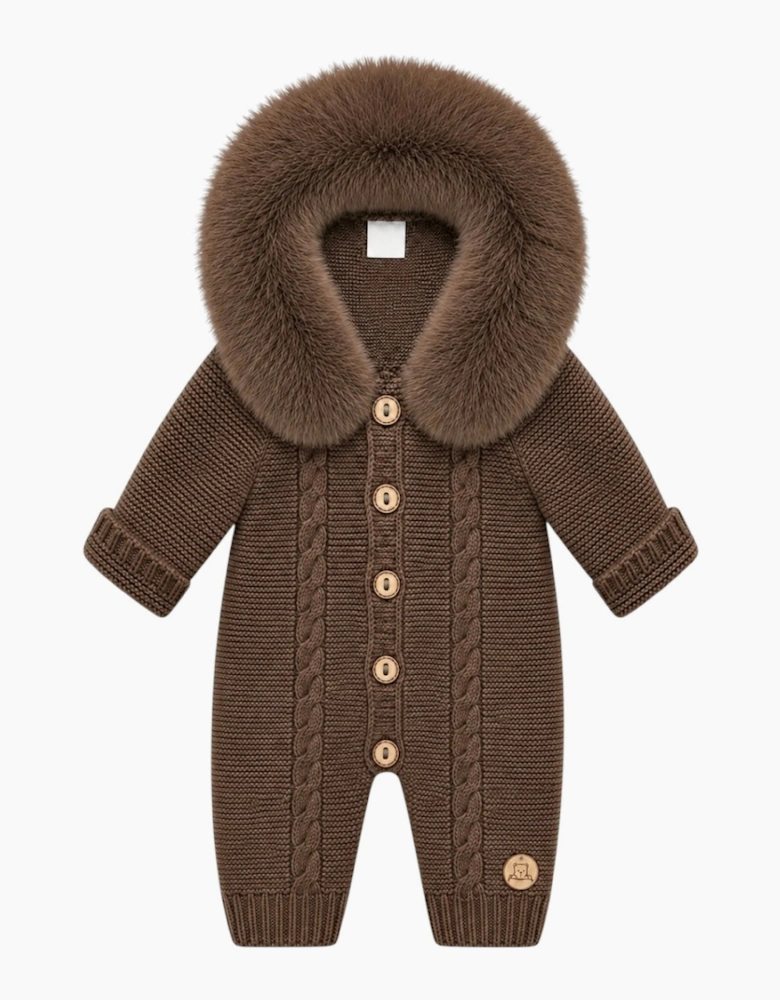 Chocolate Brown Cable Knit Real Fur Trim Pramsuit