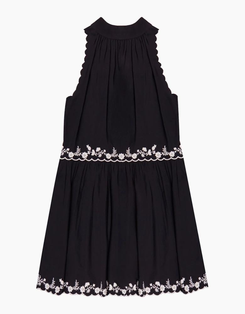 Black Embroidered Scallop Short Dress