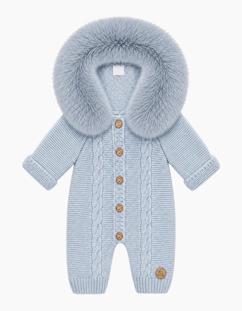 Powder Blue Cable Knit Faux Fur Trim Pramsuit