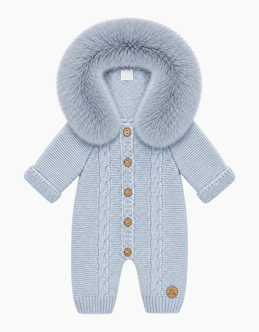 Powder Blue Cable Knit Faux Fur Trim Pramsuit