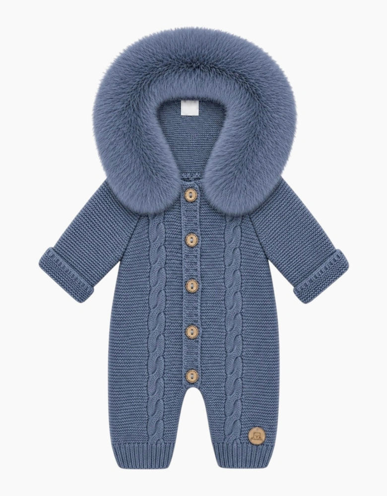 Bruma Blue Cable Knit Real Fur Trim Pramsuit