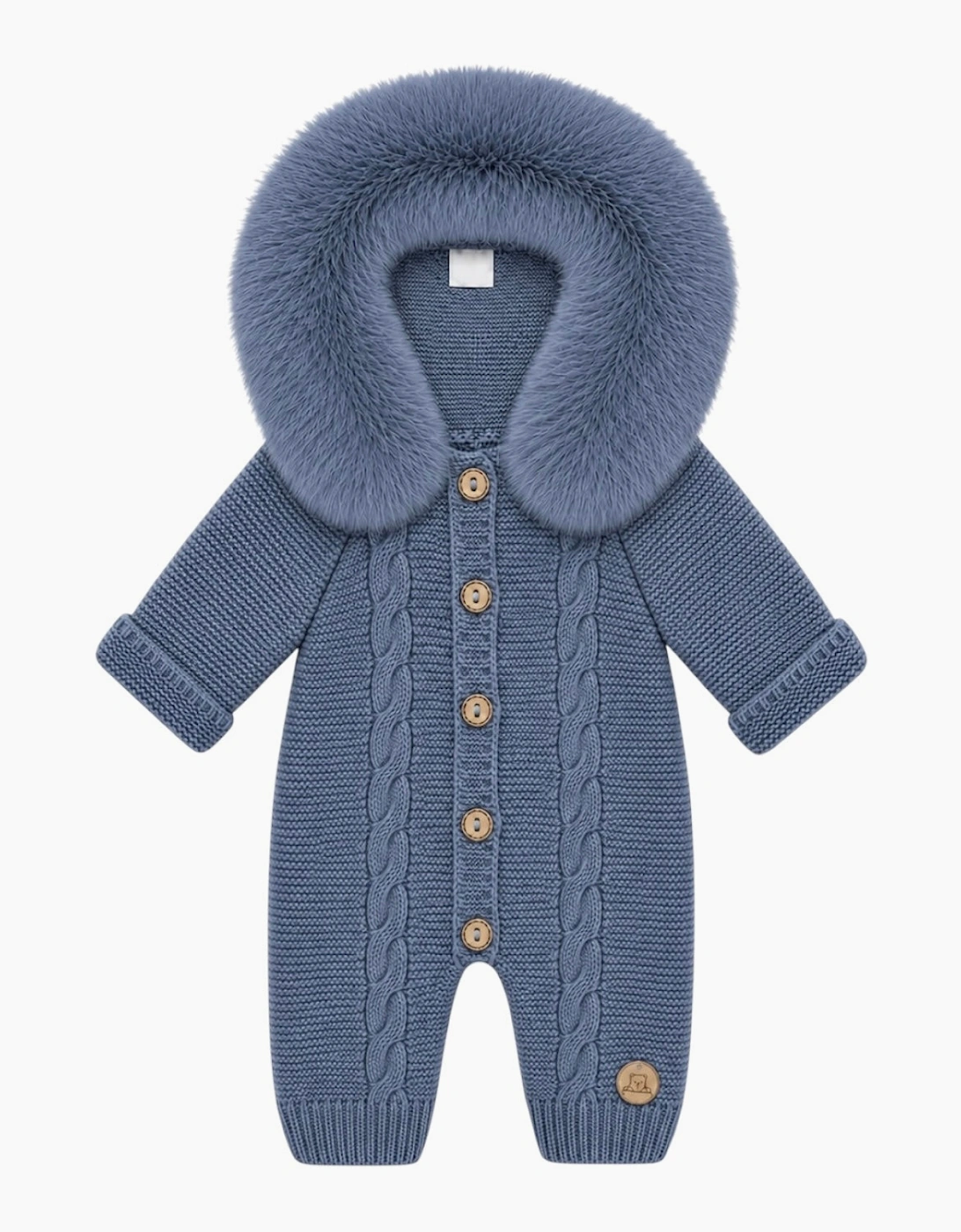 Bruma Blue Cable Knit Real Fur Trim Pramsuit