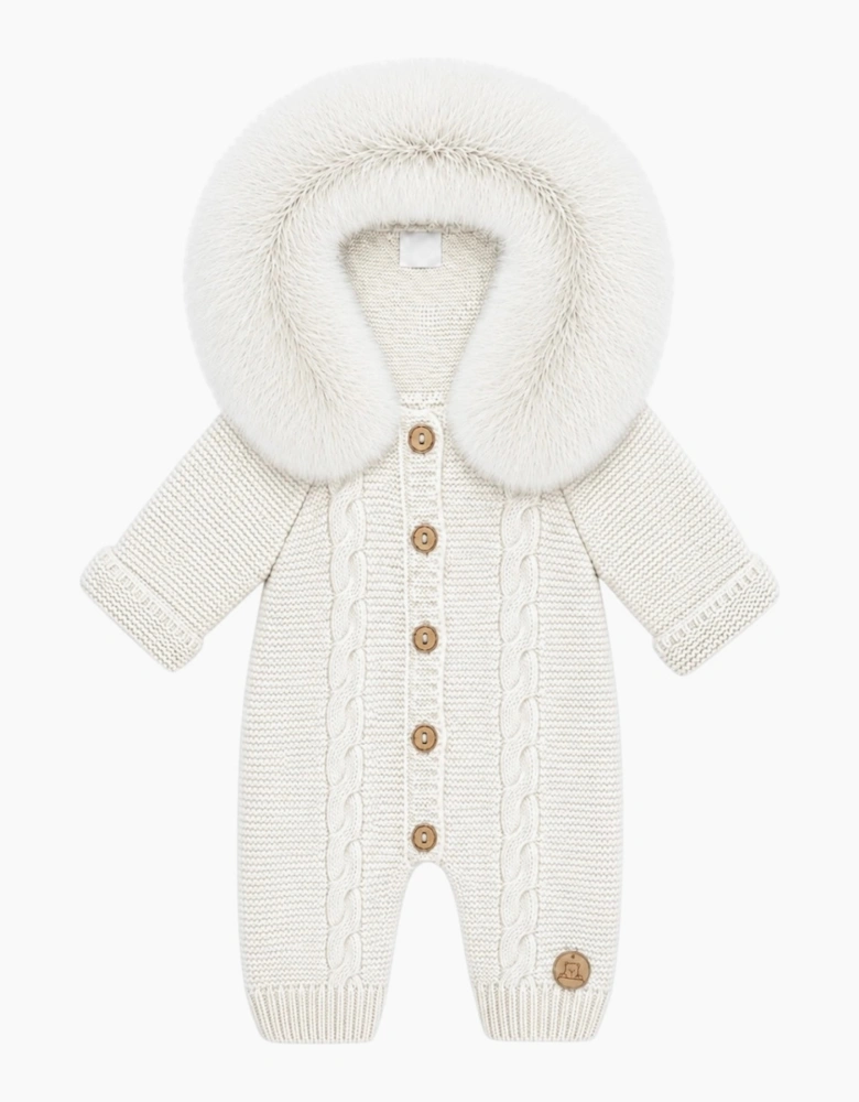 Ivory Cable Knit Real Fur Trim Pramsuit