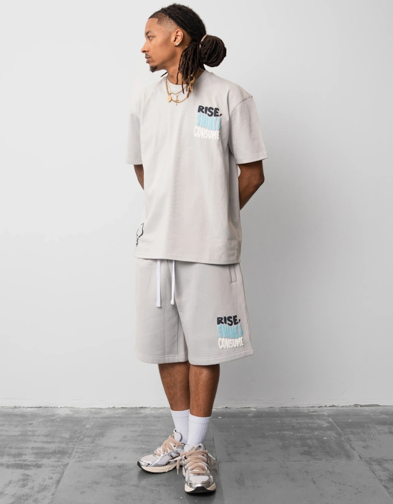 Fresh Flavours Rise, Shine & Consume Oversized T-Shirt - Lt Grey/ Blue