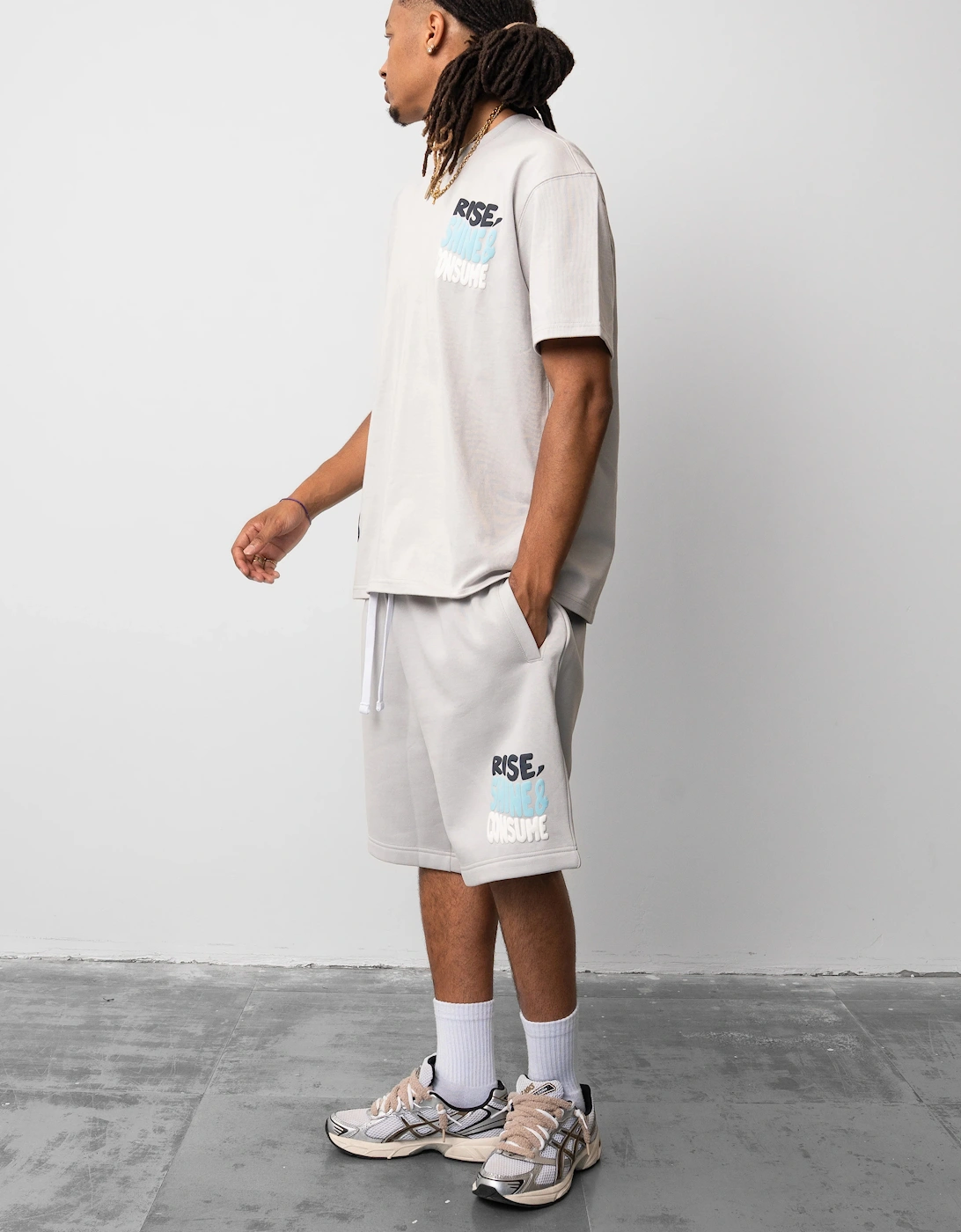 Fresh Flavours Rise, Shine & Consume Sweat Shorts - Lt Grey/Blue