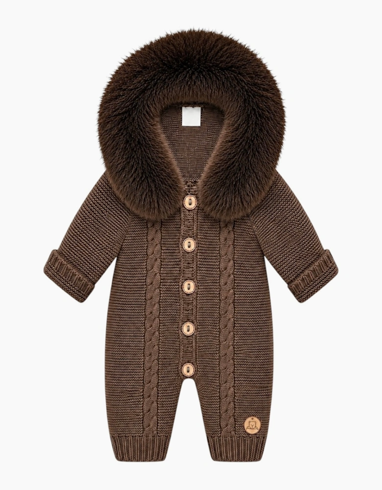 Chocolate Brown Cable Knit Faux Fur Trim Pramsuit