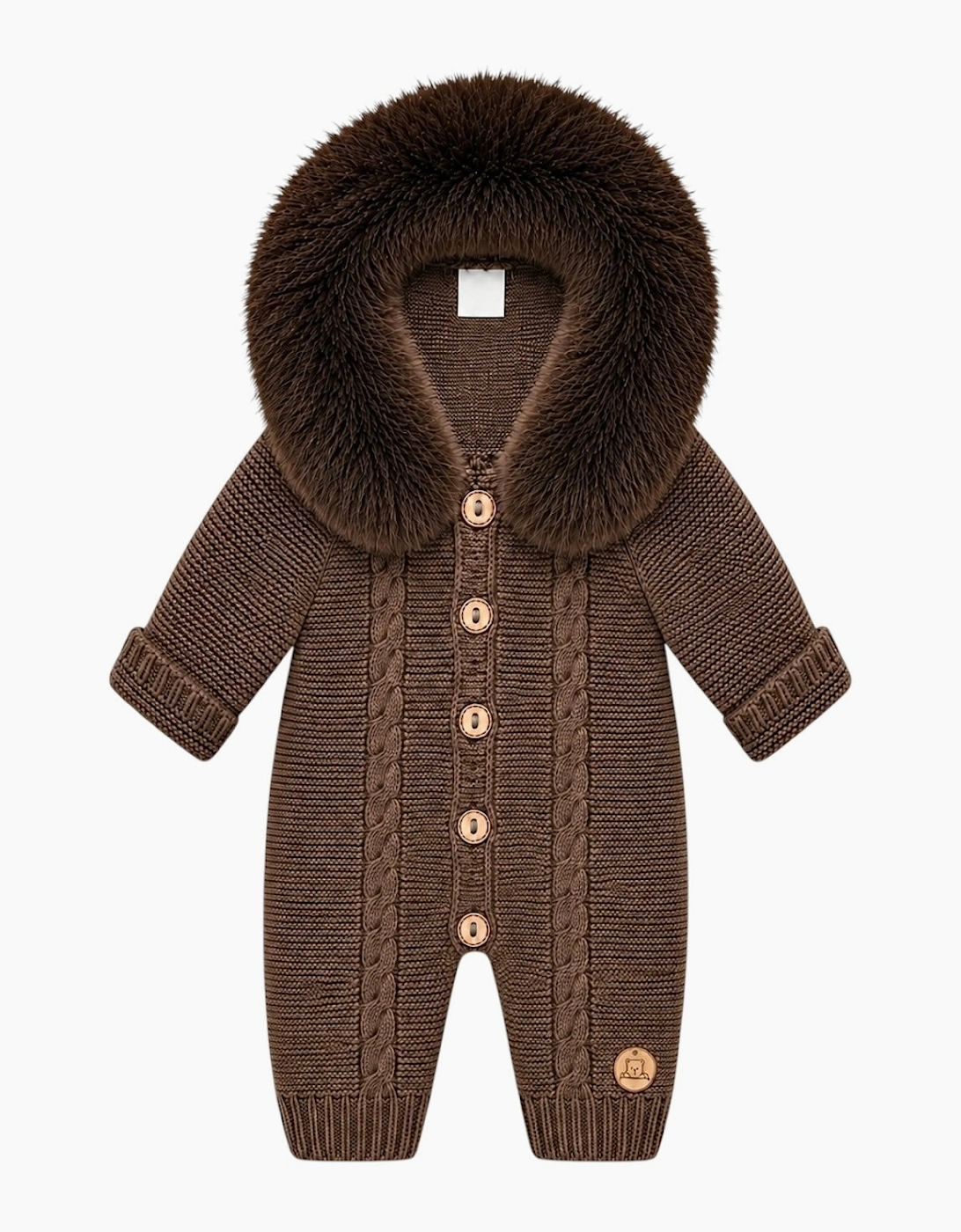 Chocolate Brown Cable Knit Faux Fur Trim Pramsuit