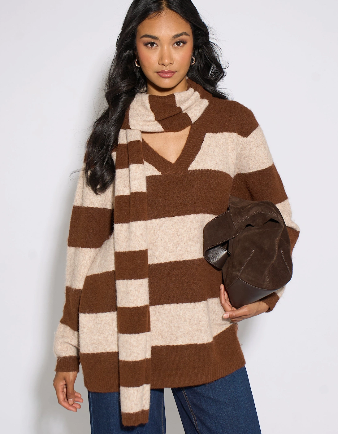 Brown Stripe V Neck Scarf Jumper