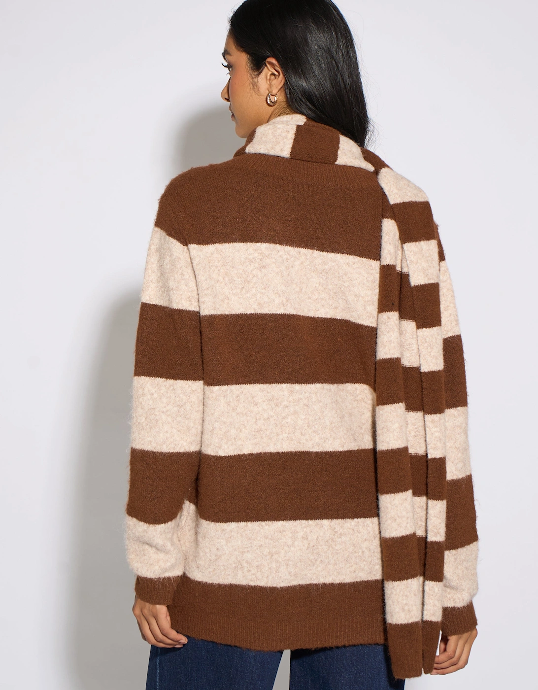 Brown Stripe V Neck Scarf Jumper