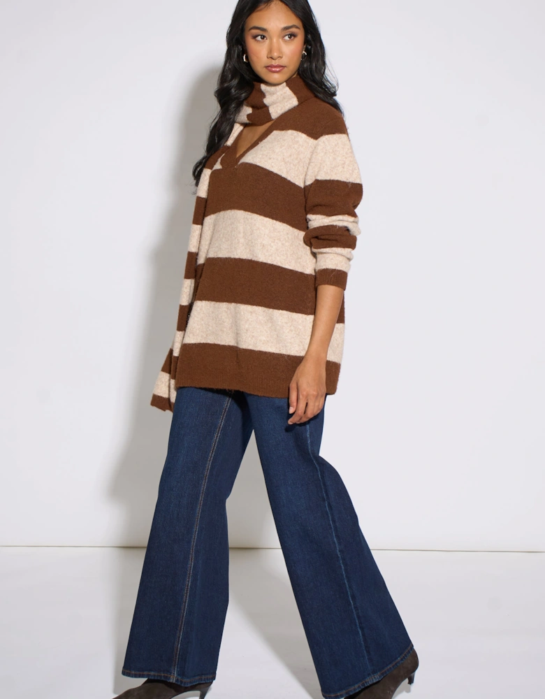 Brown Stripe V Neck Scarf Jumper