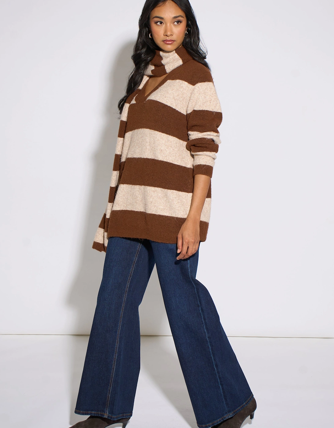 Brown Stripe V Neck Scarf Jumper