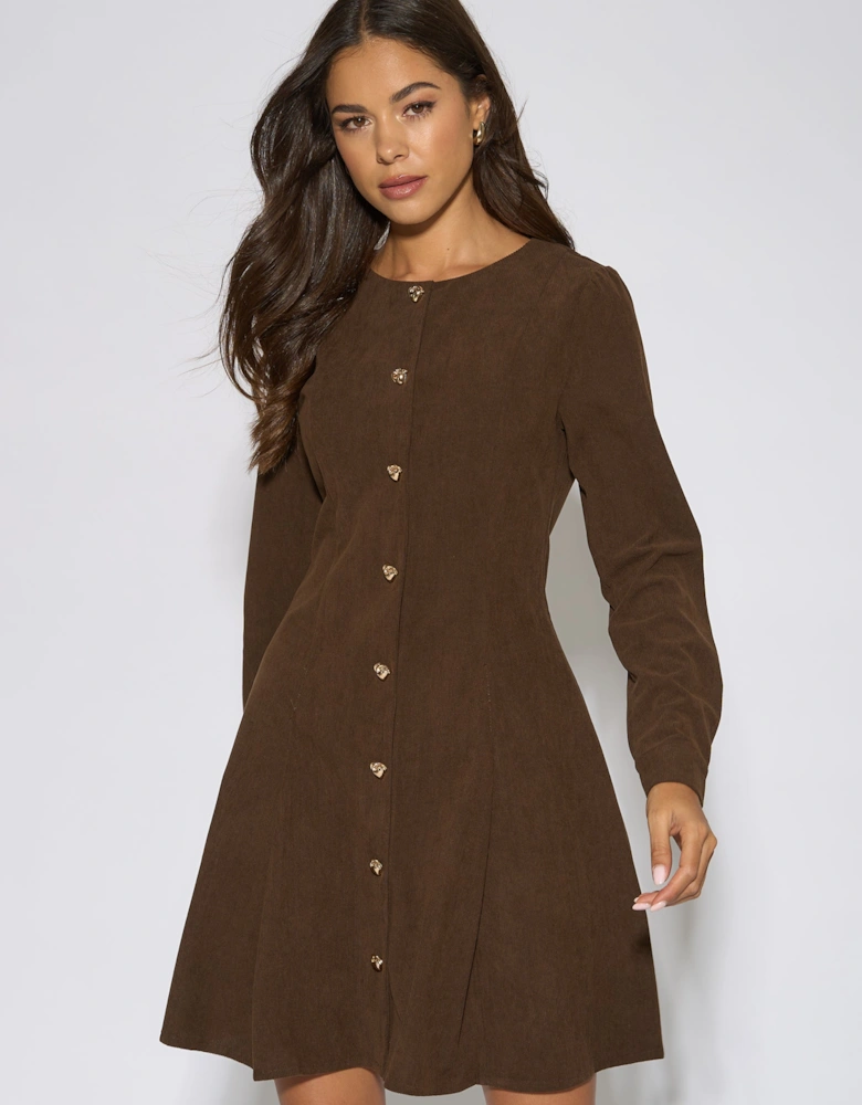 Dark Brown Gold Button Cord Mini Dress