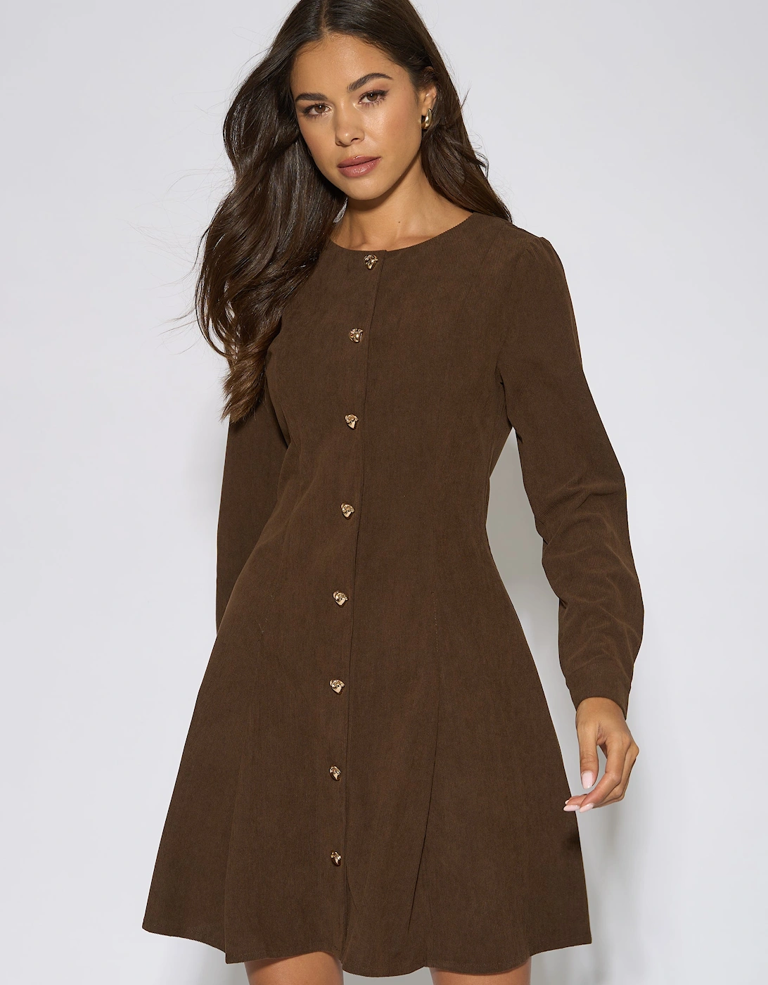 Dark Brown Gold Button Cord Mini Dress