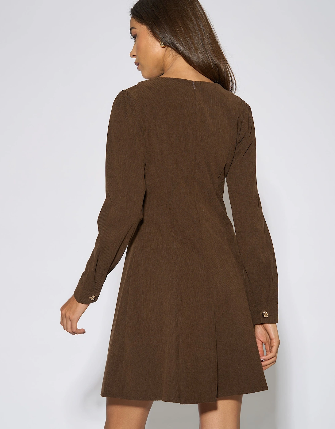 Dark Brown Gold Button Cord Mini Dress