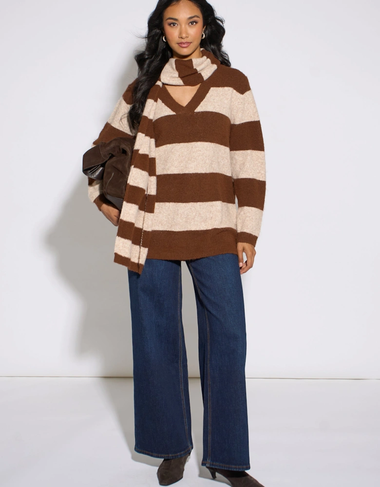 Brown Stripe V Neck Scarf Jumper