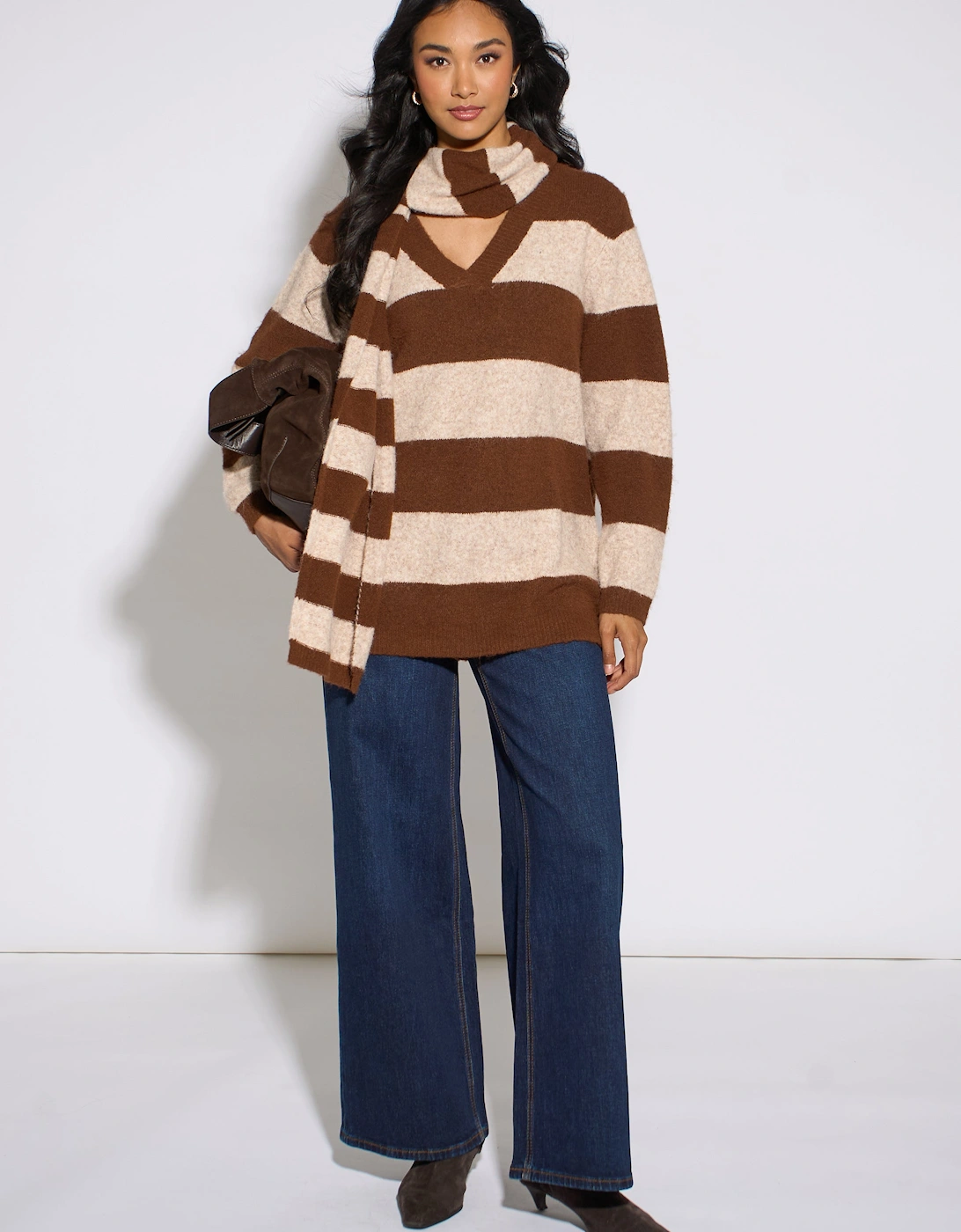 Brown Stripe V Neck Scarf Jumper