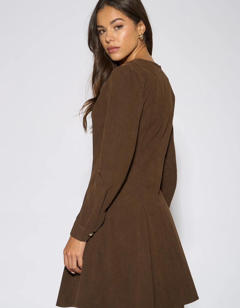 Dark Brown Gold Button Cord Mini Dress