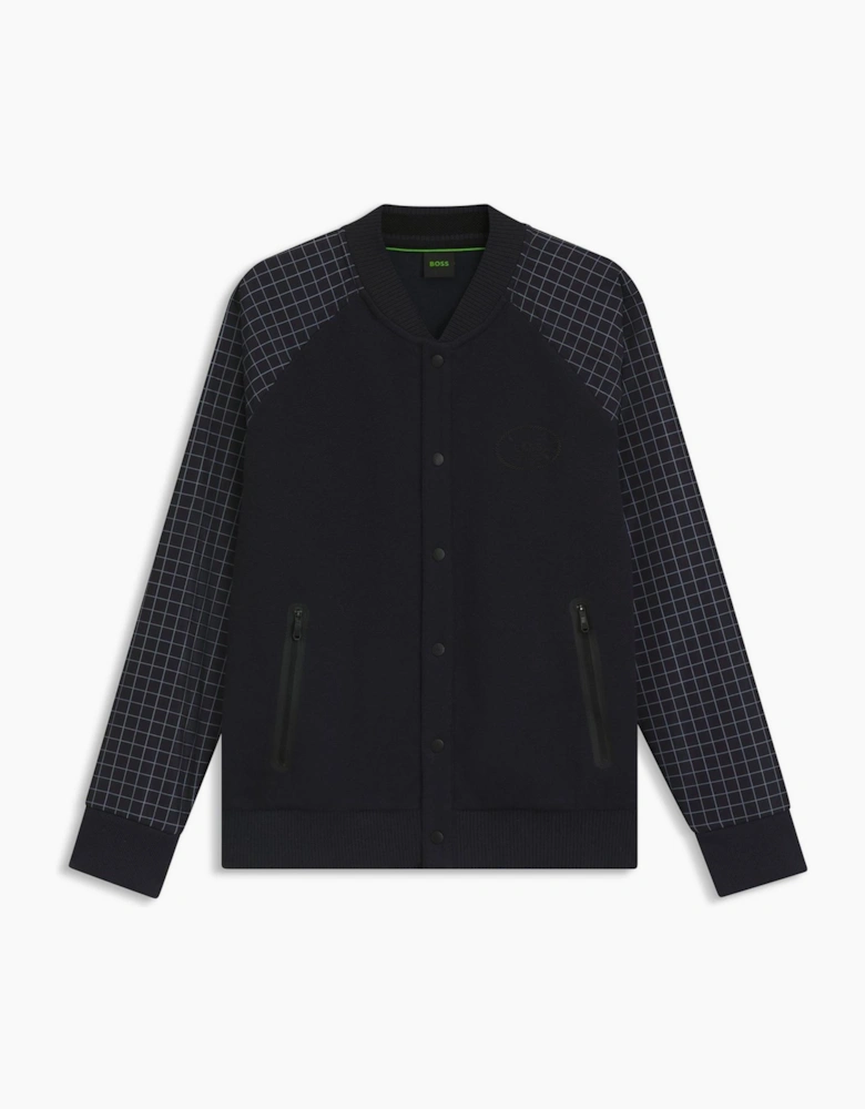 Checkerboard Patterned Full Zipper Bomber Jacket with Ribbed Cuff