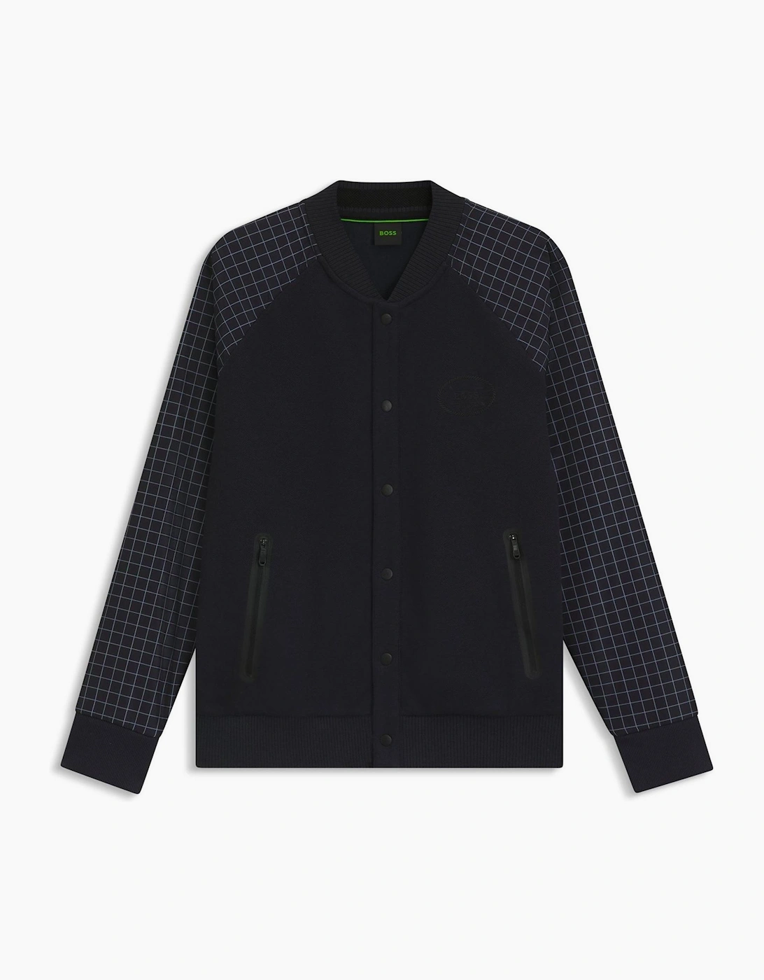 Boss Hugo Boss Men's Checkerboard Patterned Full Zipper Bomber Jacket with Ribbed Cuff - Navy
