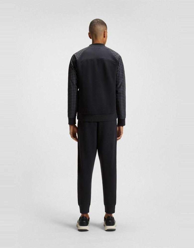 Checkerboard Patterned Full Zipper Bomber Jacket with Ribbed Cuff