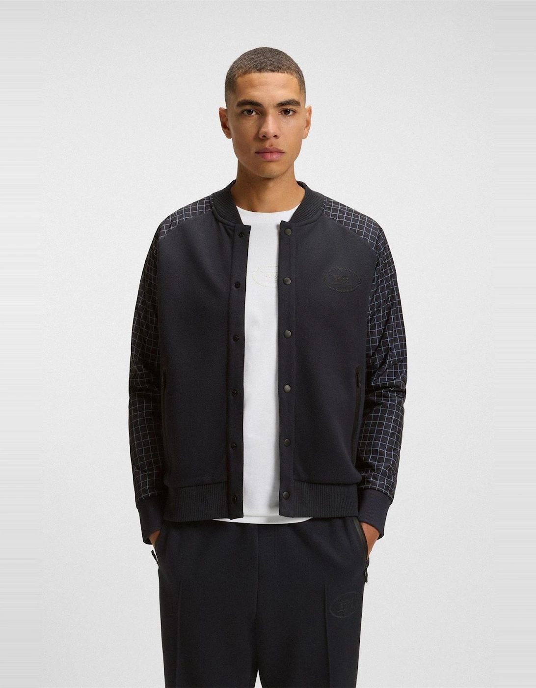 Checkerboard Patterned Full Zipper Bomber Jacket with Ribbed Cuff
