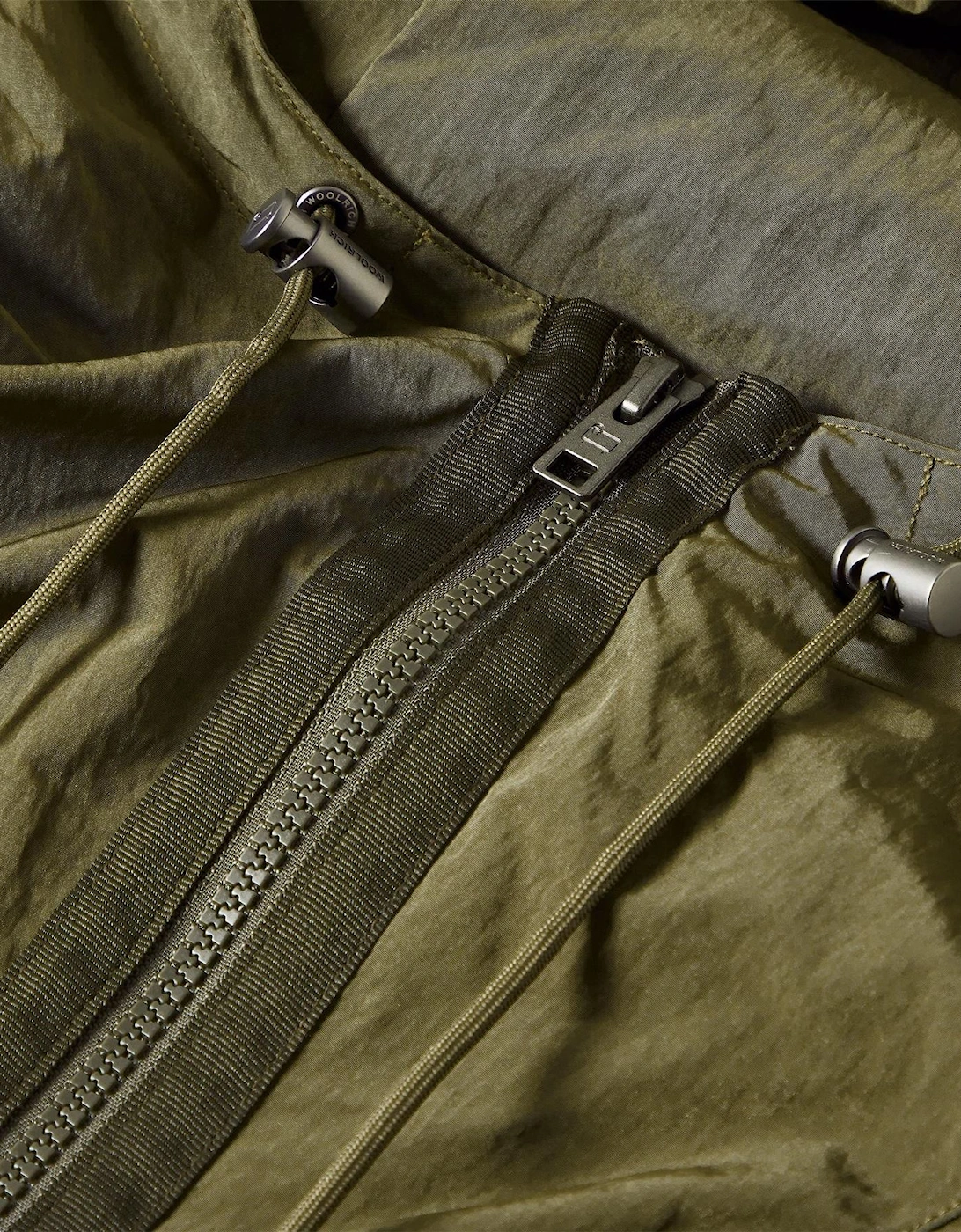 Solid Patterned Hooded Drawstring Rain Jacket with Woven Cuff