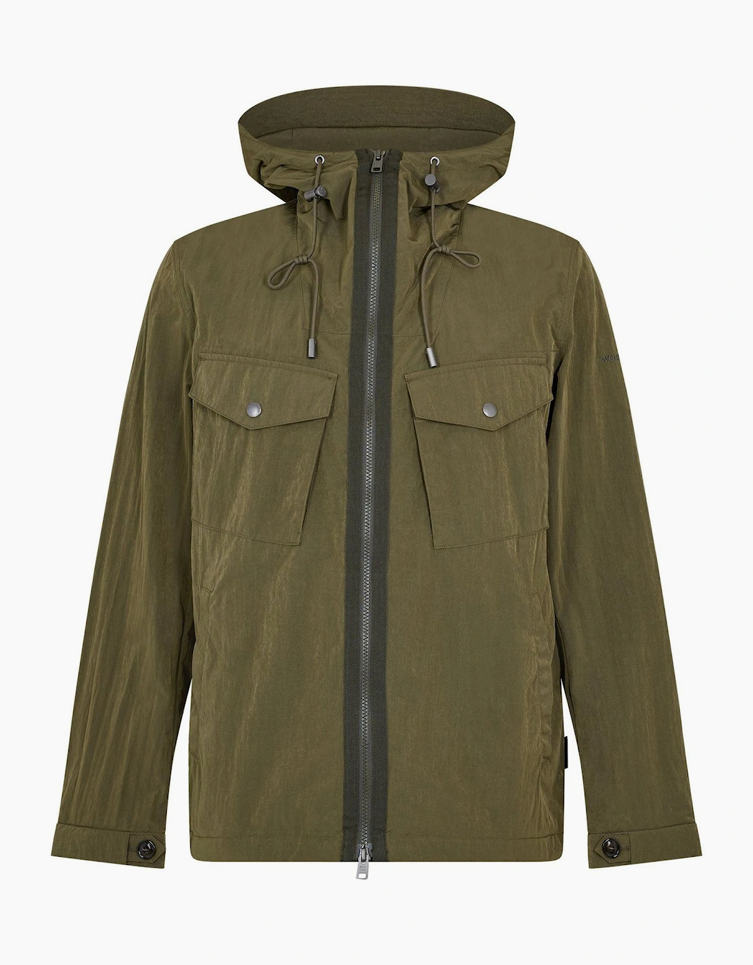 Solid Patterned Hooded Drawstring Rain Jacket with Woven Cuff