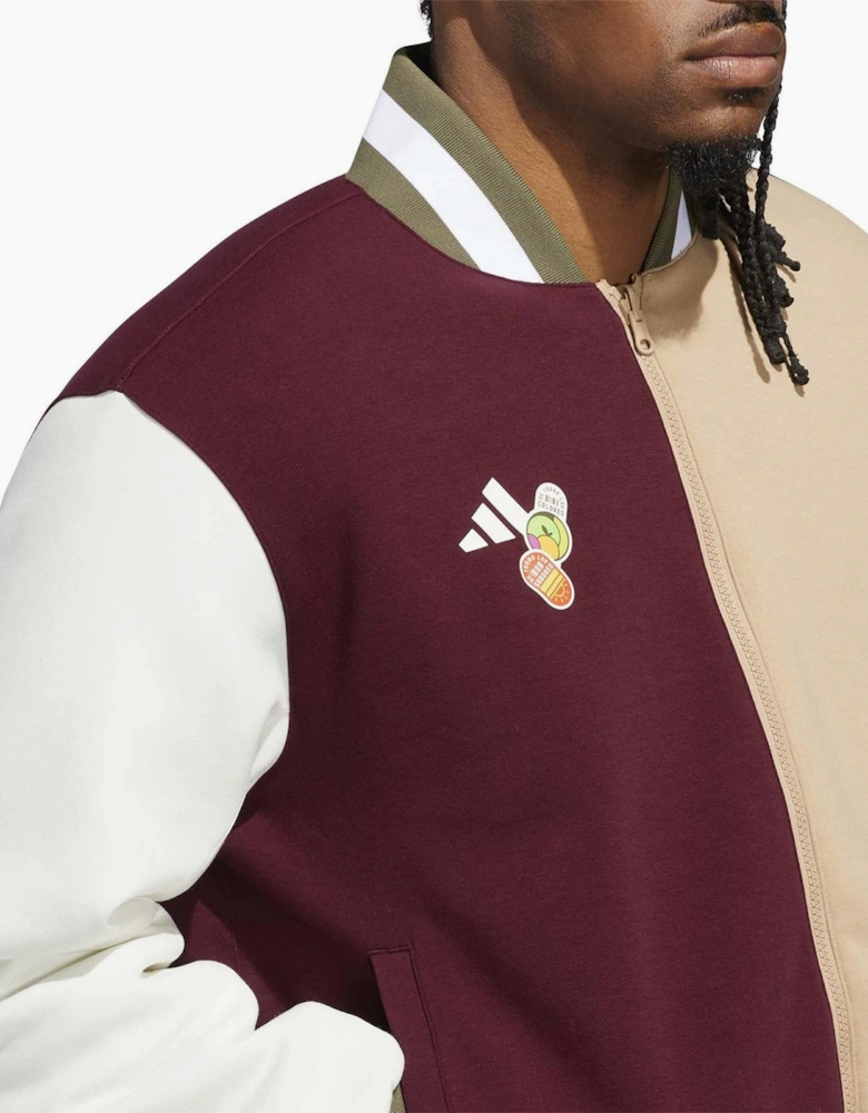 Color Block Patterned Full Zipper Lettering Graphic Ribbed Cuff Bomber Collar Windbreaker