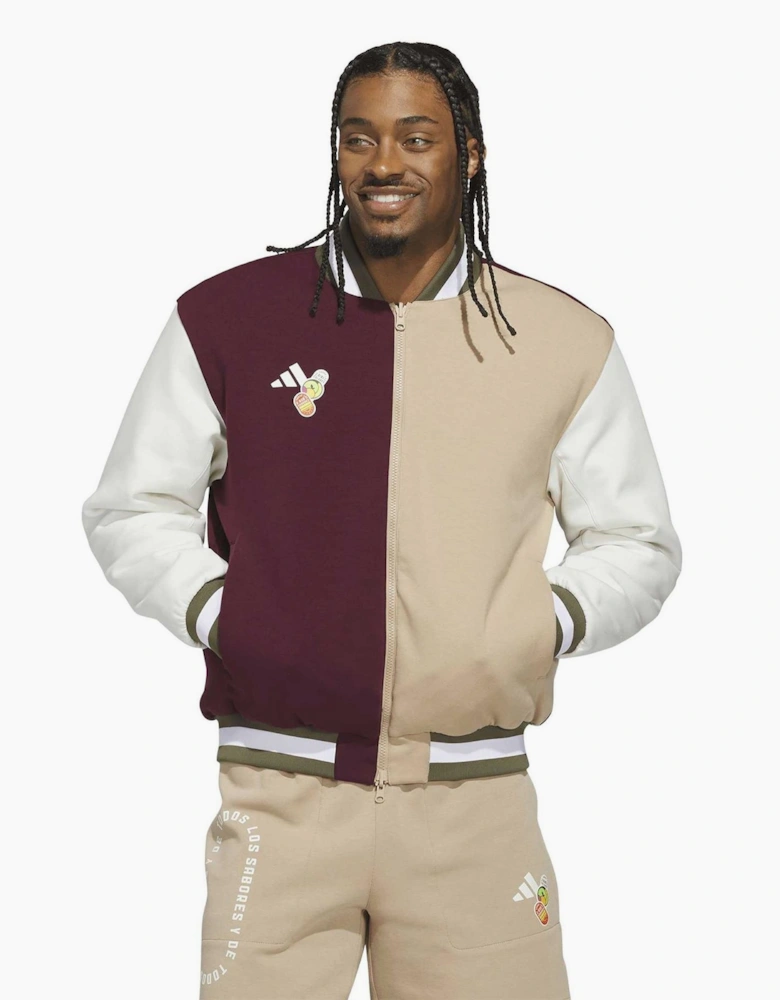 Color Block Patterned Full Zipper Lettering Graphic Ribbed Cuff Bomber Collar Windbreaker